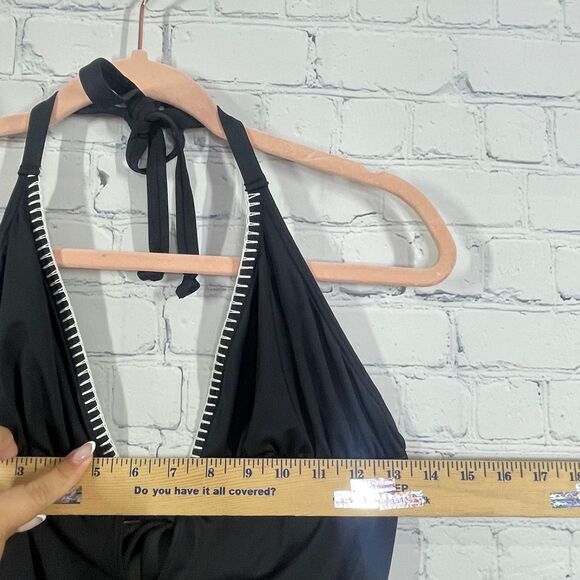 Sunseeker One Piece Swimingsuit Women Black V Neck Halter Embroidered Preppy - Picture 10 of 16